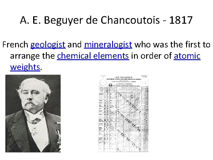 A. E. Beguyer de Chancoutois - 1817 French geologist and mineralogist who was the