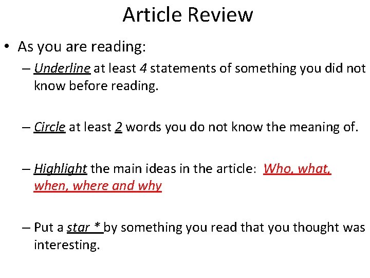 Article Review • As you are reading: – Underline at least 4 statements of