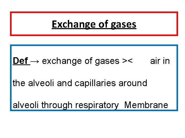 Exchange of gases Def → exchange of gases >< air in the alveoli and