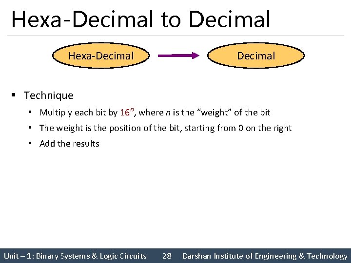 Hexa-Decimal to Decimal Hexa-Decimal § Technique • Multiply each bit by 16 n, where