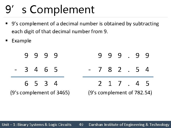 9’s Complement § 9’s complement of a decimal number is obtained by subtracting each
