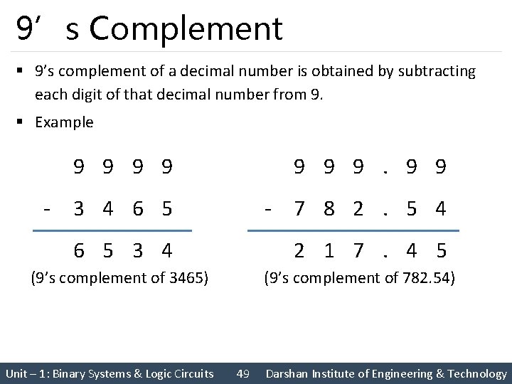 9’s Complement § 9’s complement of a decimal number is obtained by subtracting each 9’s Complement § 9’s complement of a decimal number is obtained by subtracting each