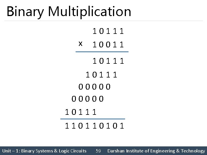 Binary Multiplication x 1 0 1 1 0 0 1 1 10111 00000 10111