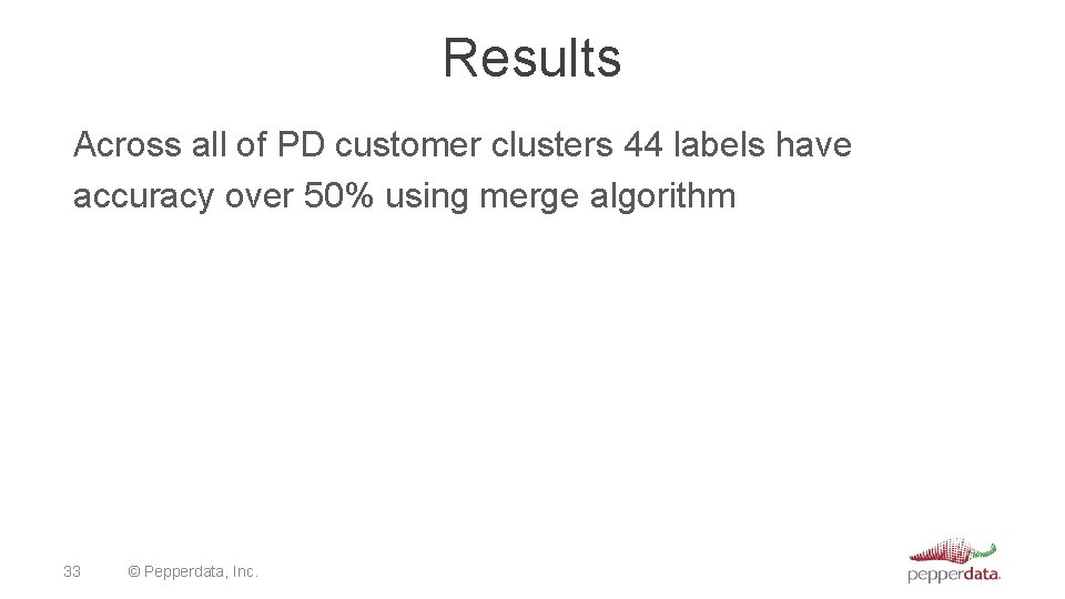 Results Across all of PD customer clusters 44 labels have accuracy over 50% using