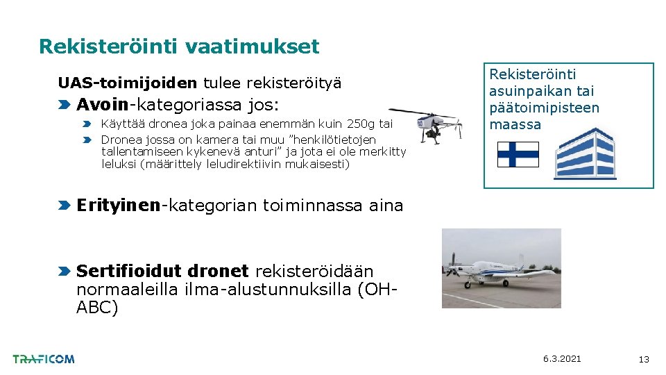 Rekisteröinti vaatimukset UAS-toimijoiden tulee rekisteröityä Avoin-kategoriassa jos: Käyttää dronea joka painaa enemmän kuin 250