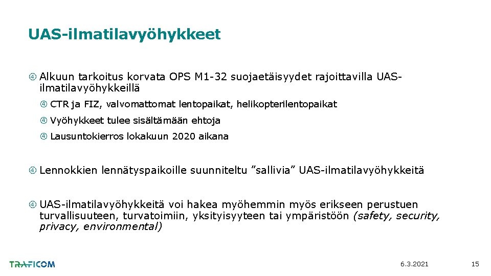 UAS-ilmatilavyöhykkeet Alkuun tarkoitus korvata OPS M 1 -32 suojaetäisyydet rajoittavilla UASilmatilavyöhykkeillä CTR ja FIZ,