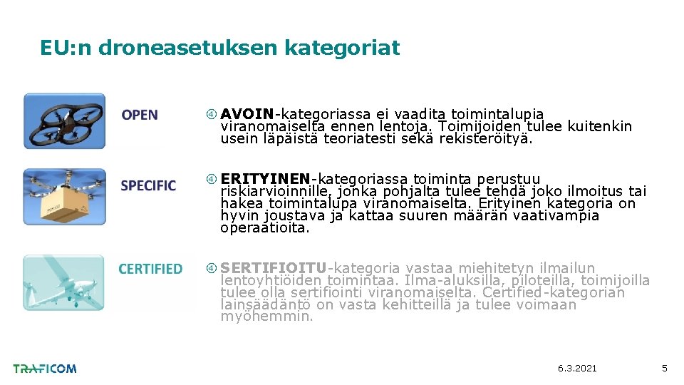 EU: n droneasetuksen kategoriat AVOIN-kategoriassa ei vaadita toimintalupia viranomaiselta ennen lentoja. Toimijoiden tulee kuitenkin