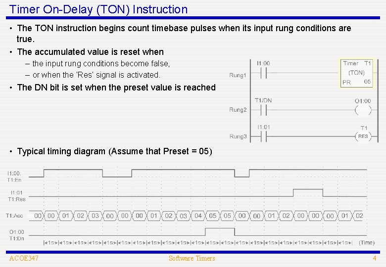 Timer On-Delay (TON) Instruction • The TON instruction begins count timebase pulses when its
