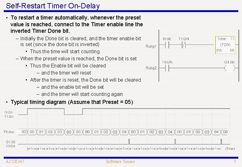 Self-Restart Timer On-Delay • To restart a timer automatically, whenever the preset value is