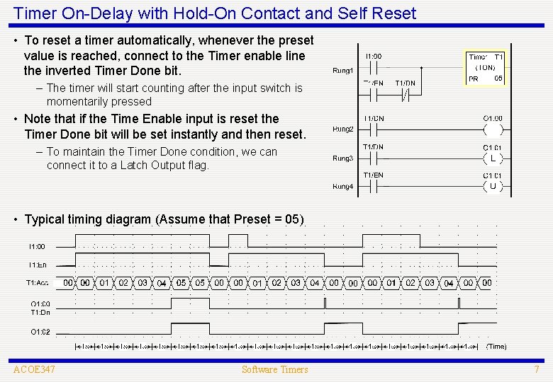 Timer On-Delay with Hold-On Contact and Self Reset • To reset a timer automatically,