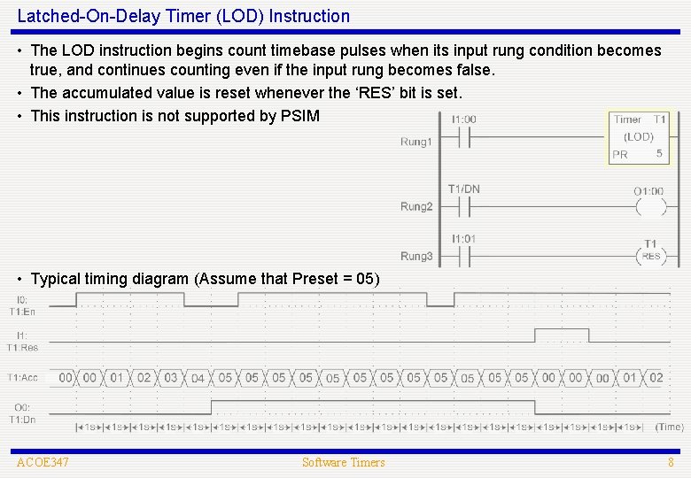 Latched-On-Delay Timer (LOD) Instruction • The LOD instruction begins count timebase pulses when its
