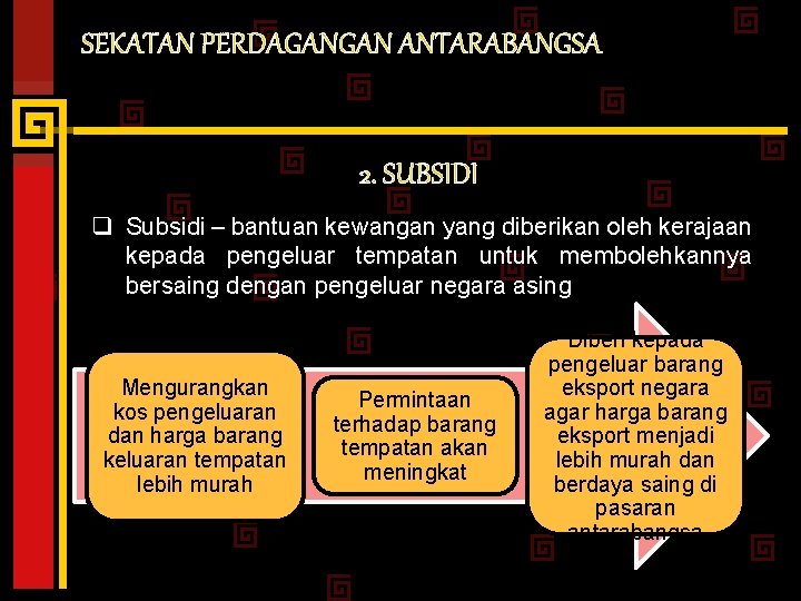 SEKATAN PERDAGANGAN ANTARABANGSA 2. SUBSIDI q Subsidi – bantuan kewangan yang diberikan oleh kerajaan