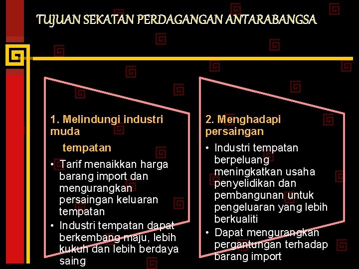 TUJUAN SEKATAN PERDAGANGAN ANTARABANGSA 1. Melindungi industri muda tempatan • Tarif menaikkan harga barang