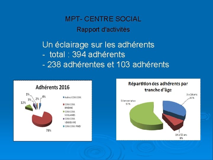 MPT- CENTRE SOCIAL Rapport d'activités Un éclairage sur les adhérents - total : 394