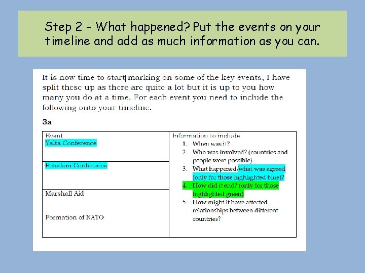 Step 2 – What happened? Put the events on your timeline and add as