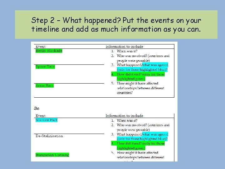 Step 2 – What happened? Put the events on your timeline and add as