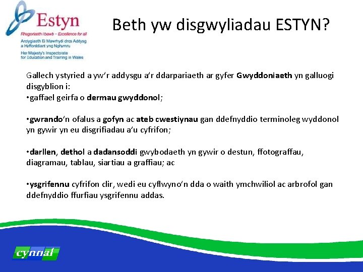 Beth yw disgwyliadau ESTYN? Gallech ystyried a yw’r addysgu a’r ddarpariaeth ar gyfer Gwyddoniaeth