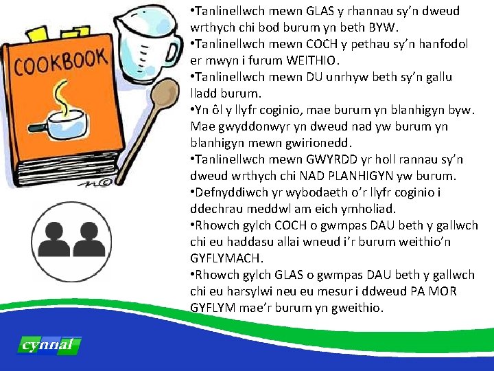  • Tanlinellwch mewn GLAS y rhannau sy’n dweud wrthych chi bod burum yn