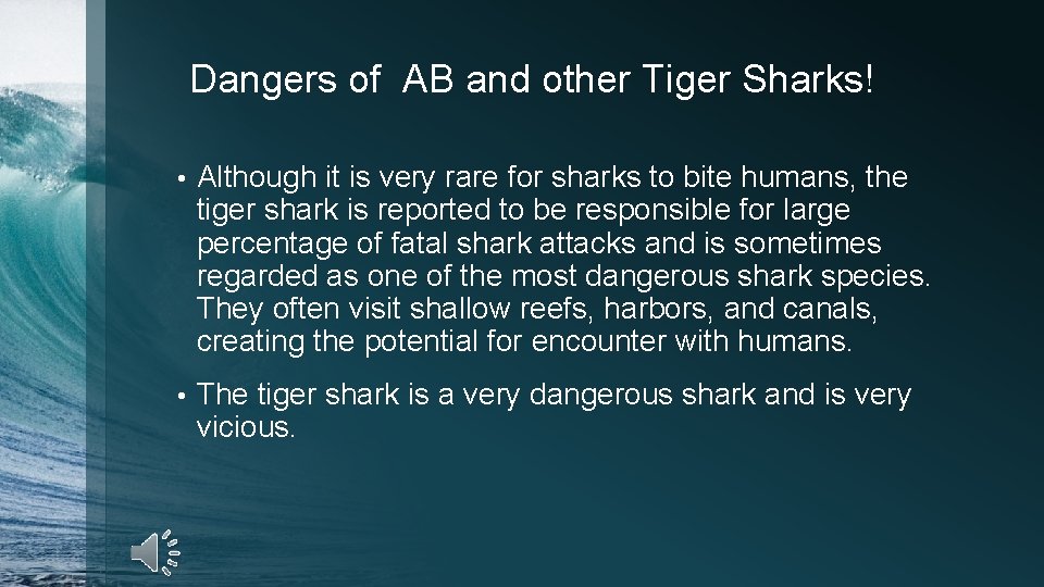 Dangers of AB and other Tiger Sharks! • Although it is very rare for