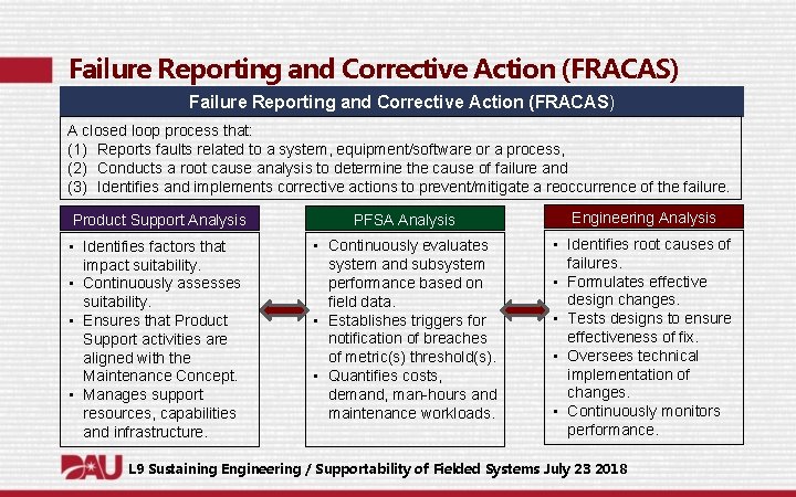 Failure Reporting and Corrective Action (FRACAS) A closed loop process that: (1) Reports faults