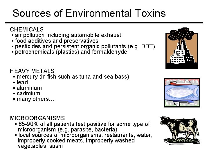 Sources of Environmental Toxins CHEMICALS ▪ air pollution including automobile exhaust ▪ food additives