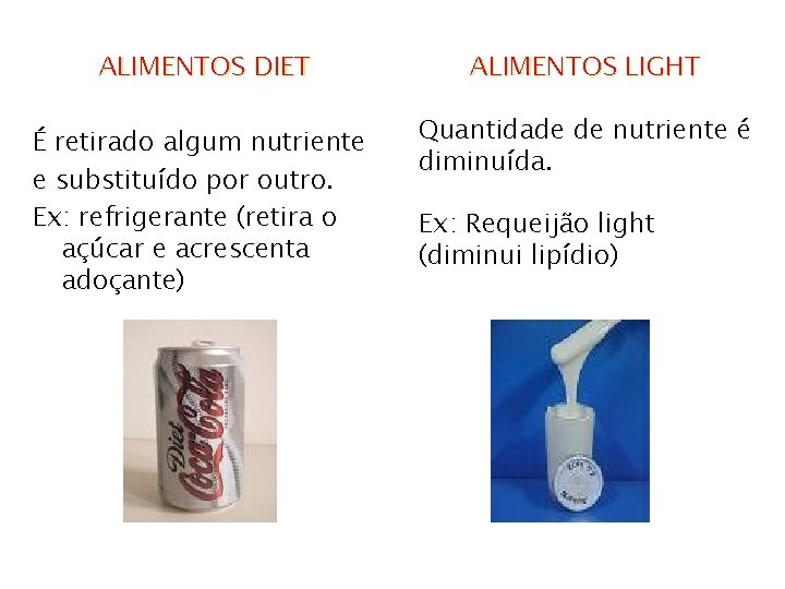 ALIMENTOS DIET ALIMENTOS LIGHT É retirado algum nutriente e substituído por outro. Ex: refrigerante