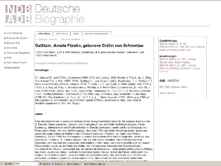 Die Deutsche Biographie – Beispiel Fürstin Gallitzin • Gallitzin Neue Deutsche Biographie (NDB): 20.