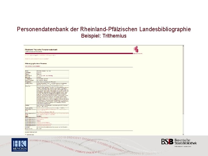 Personendatenbank der Rheinland-Pfälzischen Landesbibliographie Beispiel: Trithemius 