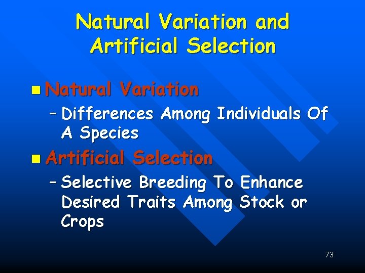 Natural Variation and Artificial Selection n Natural Variation – Differences Among Individuals Of A