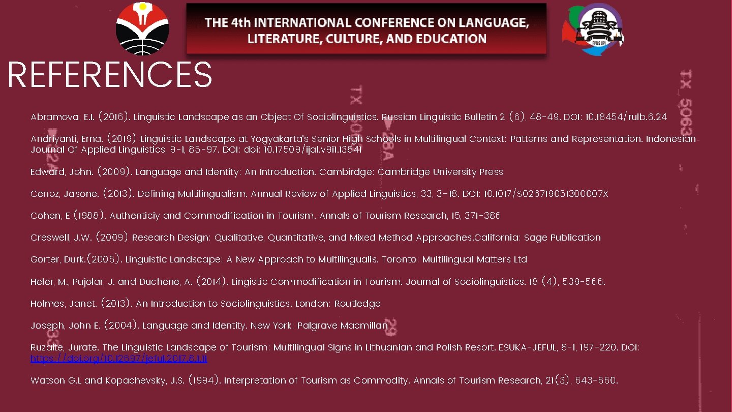 REFERENCES Abramova, E. I. (2016). Linguistic Landscape as an Object Of Sociolinguistics. Russian Linguistic