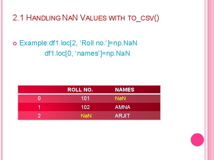 2. 1 HANDLING NAN VALUES WITH TO_CSV() Example: df 1. loc[2, ‘Roll no. ’]=np.