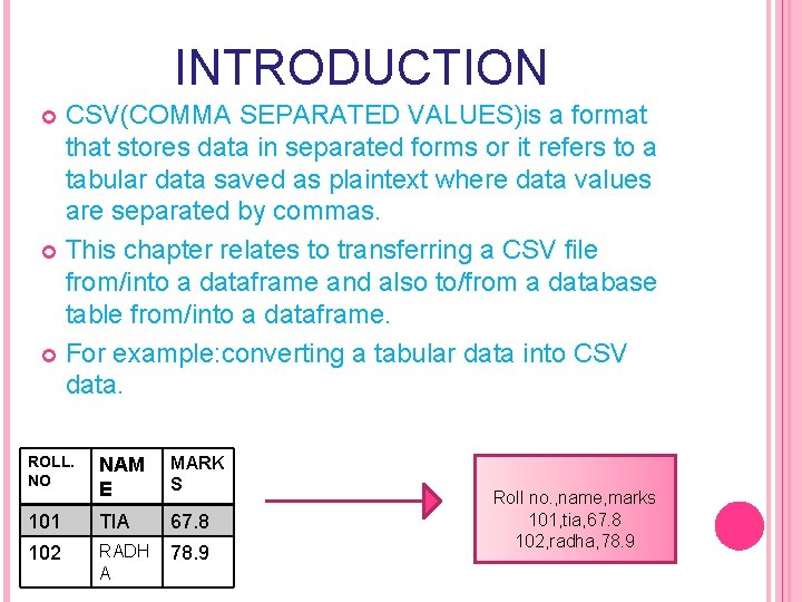INTRODUCTION CSV(COMMA SEPARATED VALUES)is a format that stores data in separated forms or it