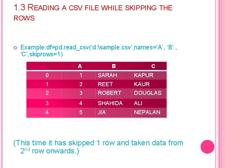 1. 3 READING A CSV FILE WHILE SKIPPING THE ROWS Example: df=pd. read_csv(‘d: sample.