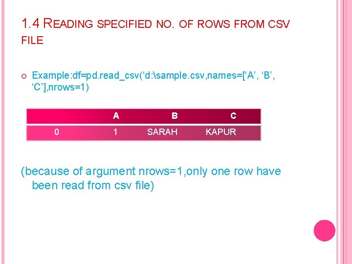 1. 4 READING SPECIFIED NO. OF ROWS FROM CSV FILE Example: df=pd. read_csv(‘d: sample.