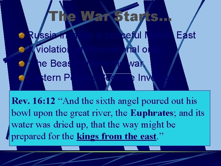 The War Starts… Russia invades a peaceful Middle East A violation of international order.