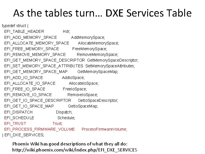 As the tables turn… DXE Services Table typedef struct { EFI_TABLE_HEADER Hdr; EFI_ADD_MEMORY_SPACE Add.