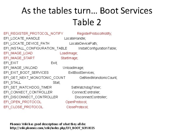 As the tables turn… Boot Services Table 2 EFI_REGISTER_PROTOCOL_NOTIFY Register. Protocol. Notify; EFI_LOCATE_HANDLE Locate.