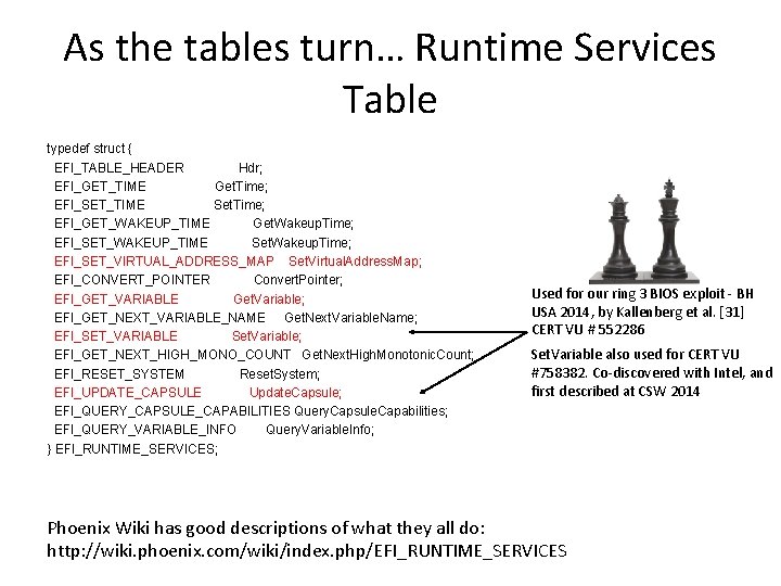 As the tables turn… Runtime Services Table typedef struct { EFI_TABLE_HEADER Hdr; EFI_GET_TIME Get.