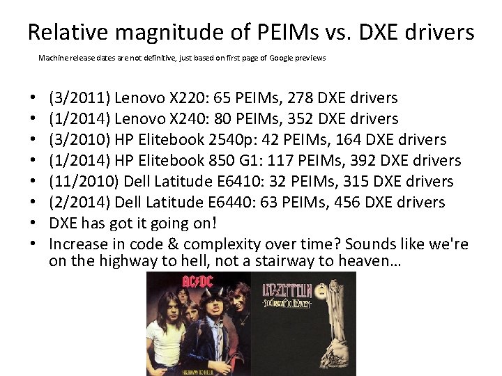 Relative magnitude of PEIMs vs. DXE drivers Machine release dates are not definitive, just