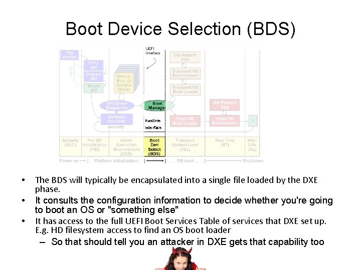 Boot Device Selection (BDS) Runtime Interface • • • The BDS will typically be