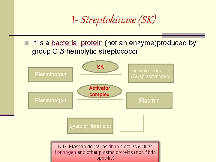 I- Streptokinase (SK) n It is a bacterial protein (not an enzyme)produced by group