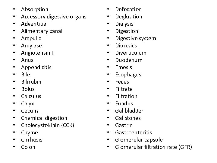  • • • • • Absorption Accessory digestive organs Adventitia Alimentary canal Ampulla