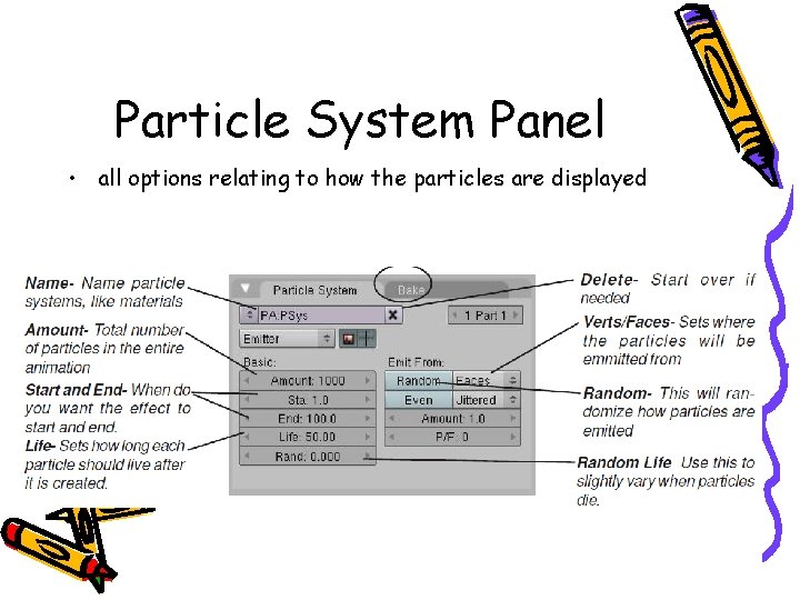 Particle System Panel • all options relating to how the particles are displayed 