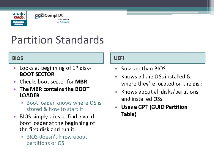 Partition Standards BIOS UEFI • Looks at beginning of 1 st disk- BOOT SECTOR Partition Standards BIOS UEFI • Looks at beginning of 1 st disk- BOOT SECTOR