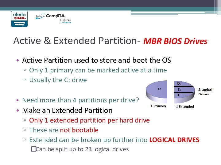 Active & Extended Partition- MBR BIOS Drives • Active Partition used to store and Active & Extended Partition- MBR BIOS Drives • Active Partition used to store and