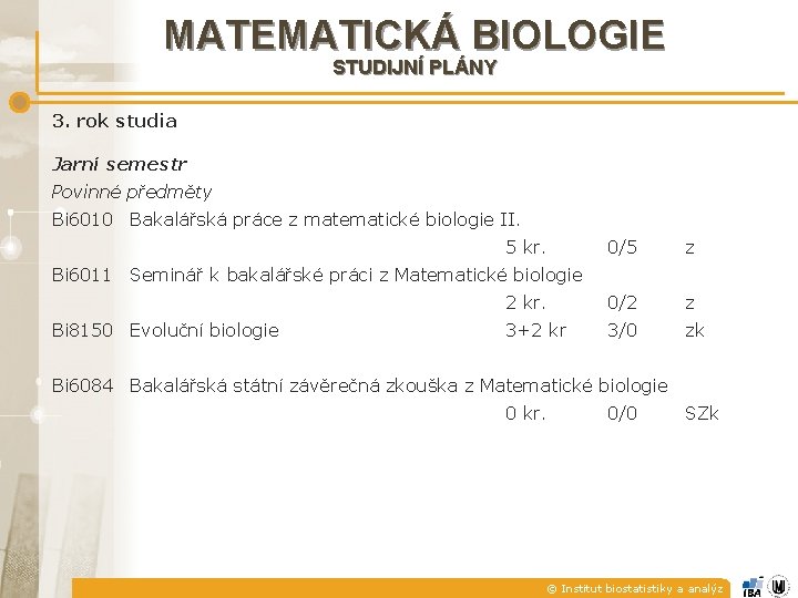 MATEMATICKÁ BIOLOGIE STUDIJNÍ PLÁNY 3. rok studia Jarní semestr Povinné předměty Bi 6010 Bakalářská