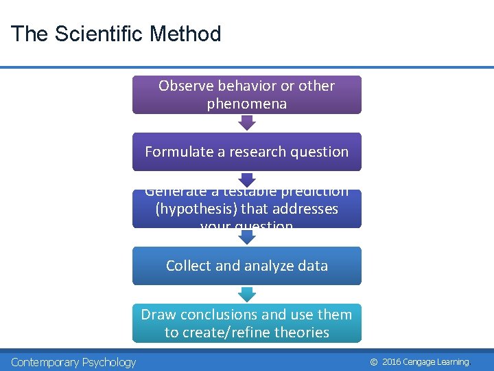 The Scientific Method Observe behavior or other phenomena Formulate a research question Generate a