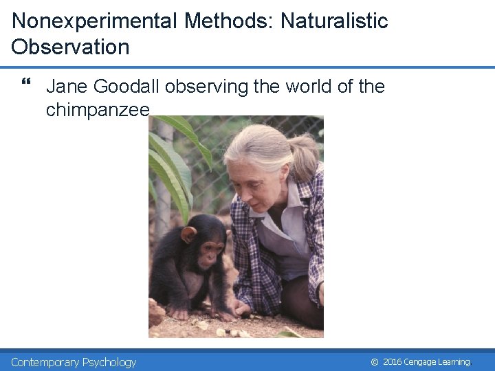 Nonexperimental Methods: Naturalistic Observation } Jane Goodall observing the world of the chimpanzee Contemporary Nonexperimental Methods: Naturalistic Observation } Jane Goodall observing the world of the chimpanzee Contemporary