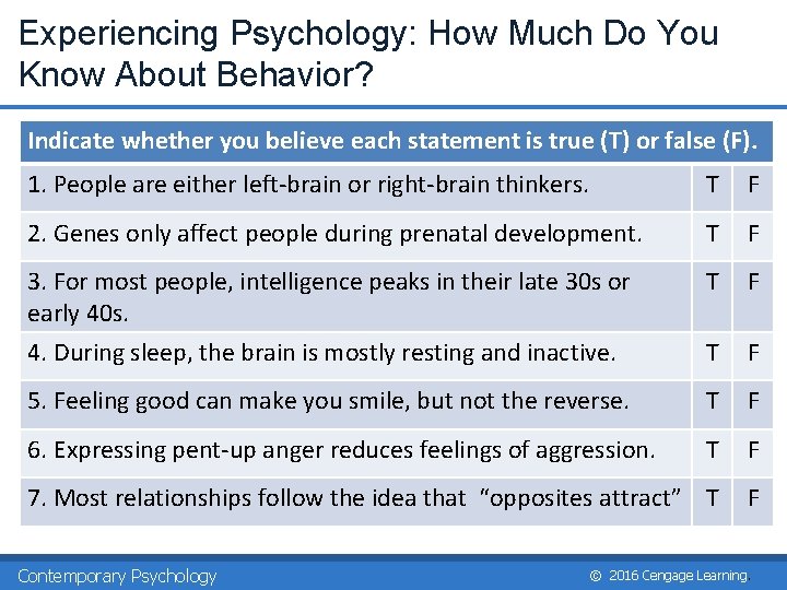 Experiencing Psychology: How Much Do You Know About Behavior? Indicate whether you believe each Experiencing Psychology: How Much Do You Know About Behavior? Indicate whether you believe each