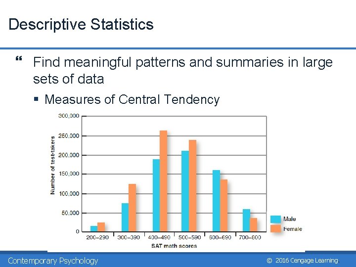 Descriptive Statistics } Find meaningful patterns and summaries in large sets of data §